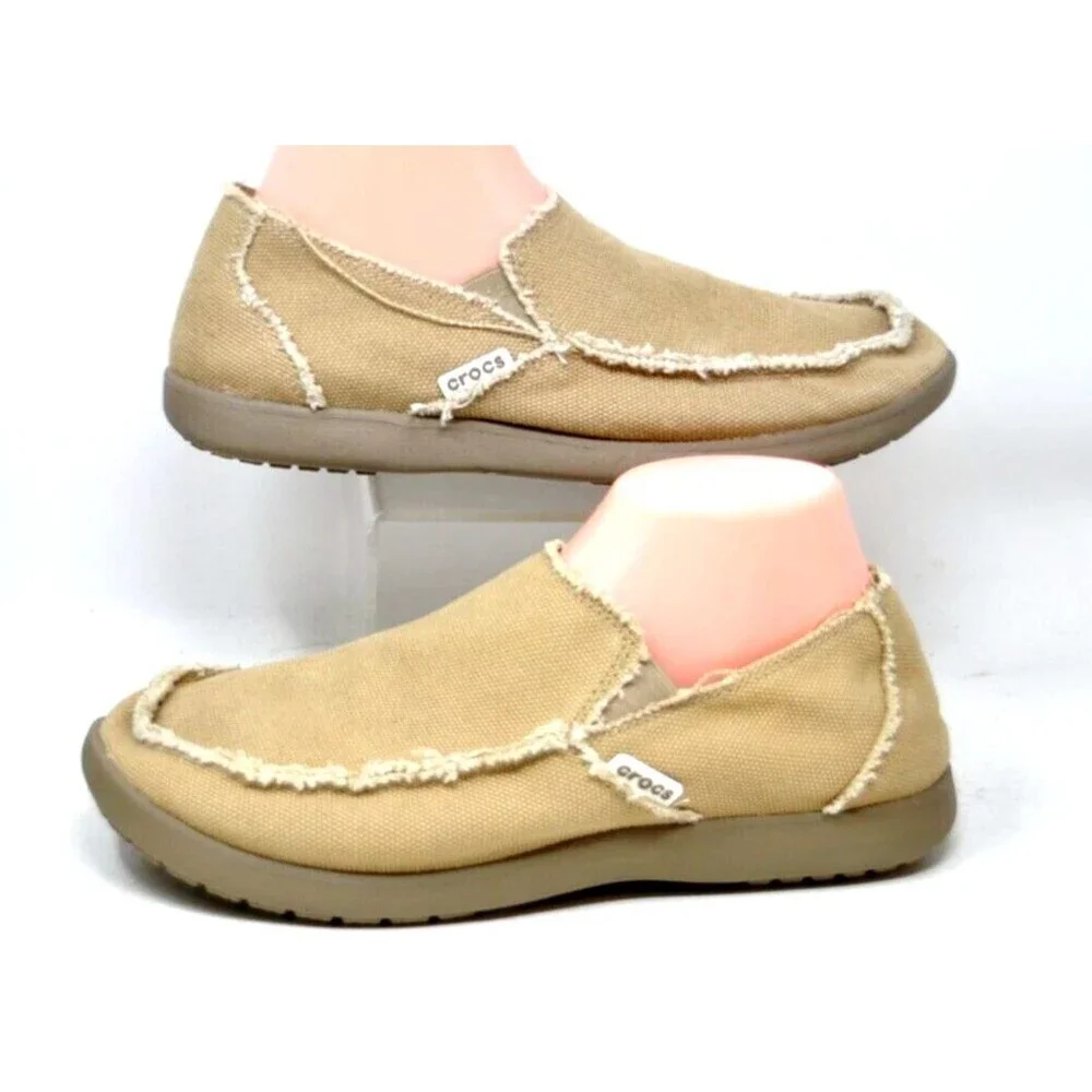 Crocs Men's Size 8 M  Santa Cruz Khaki Canvas Slip On Loafer Distressed 10128